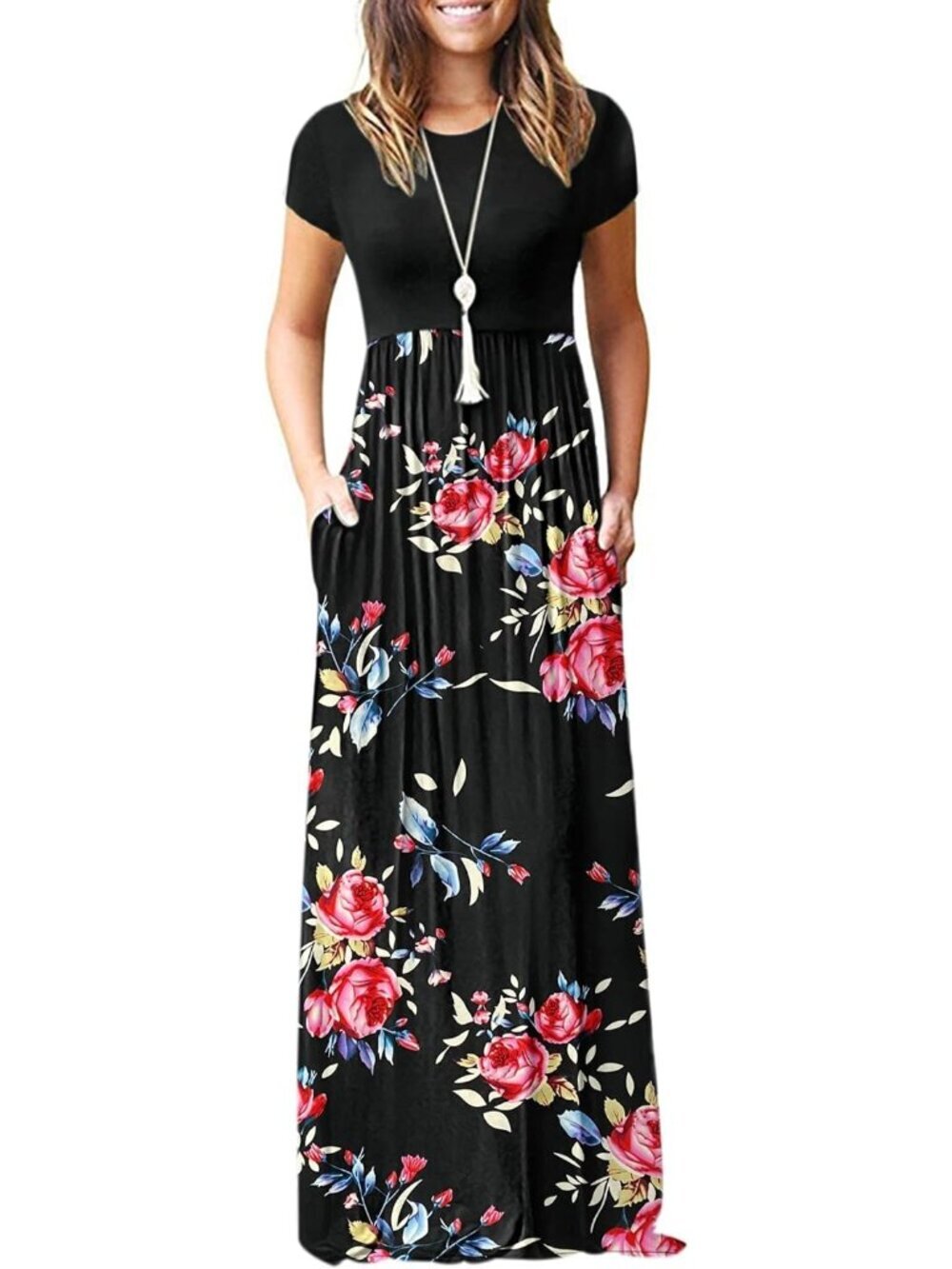 Women's Rose Black Short Sleeve Loose Plain Maxi Pockets Casual Long Dresses